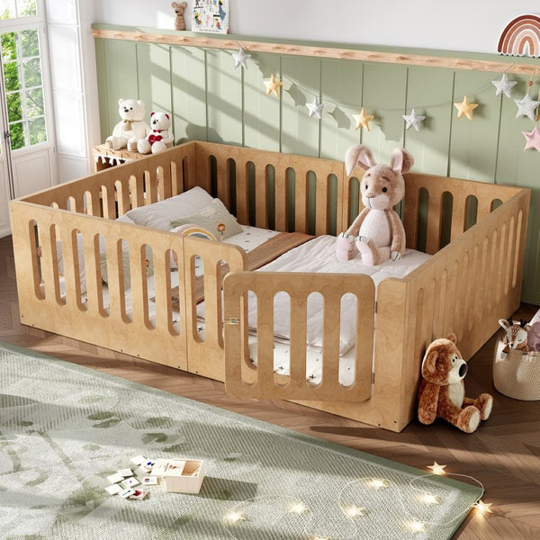 English Elm Queen Montessori Floor Bed Solid Wood Frame with Playhouse Door for Kids Rooms Natural W5305S00068
