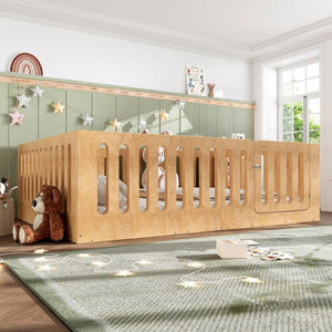 English Elm Queen Montessori Floor Bed Solid Wood Frame with Playhouse Door for Kids Rooms Natural W5305S00068
