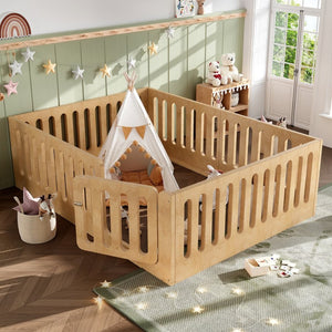 English Elm Queen Montessori Floor Bed Solid Wood Frame with Playhouse Door for Kids Rooms Natural W5305S00068
