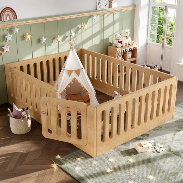 English Elm Queen Montessori Floor Bed Solid Wood Frame with Playhouse Door for Kids Rooms Natural W5305S00068