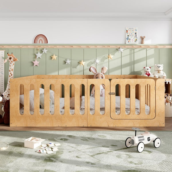 English Elm Queen Montessori Floor Bed Solid Wood Frame with Playhouse Door for Kids Rooms Natural W5305S00068