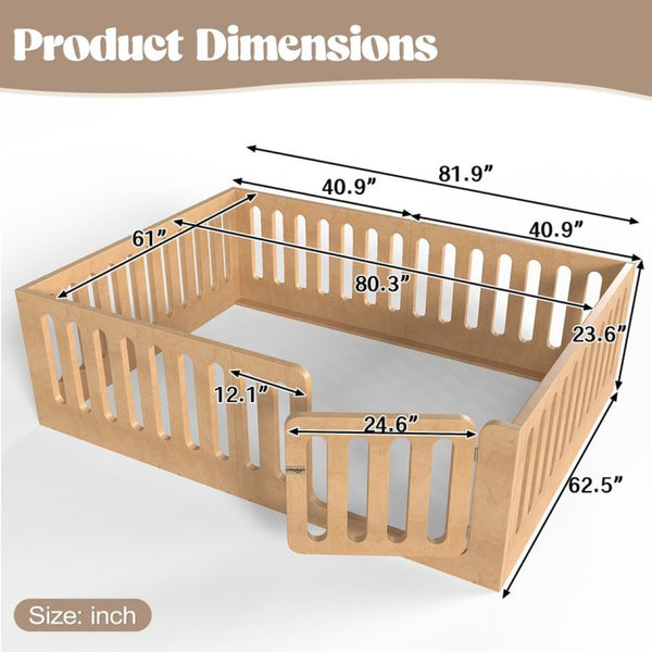 English Elm Queen Montessori Floor Bed Solid Wood Frame with Playhouse Door for Kids Rooms Natural W5305S00068