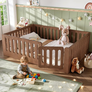 English Elm Queen Montessori Floor Bed Solid Wood Frame with Playhouse Door for Kids Rooms Deep Natural W5305S00069