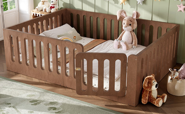 English Elm Queen Montessori Floor Bed Solid Wood Frame with Playhouse Door for Kids Rooms Deep Natural W5305S00069