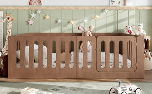 English Elm Queen Montessori Floor Bed Solid Wood Frame with Playhouse Door for Kids Rooms Deep Natural W5305S00069