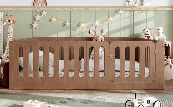 English Elm Queen Montessori Floor Bed Solid Wood Frame with Playhouse Door for Kids Rooms Deep Natural W5305S00069
