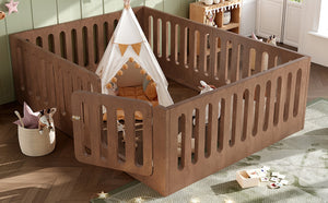 English Elm Queen Montessori Floor Bed Solid Wood Frame with Playhouse Door for Kids Rooms Deep Natural W5305S00069