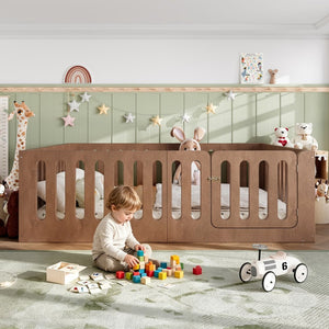 English Elm Queen Montessori Floor Bed Solid Wood Frame with Playhouse Door for Kids Rooms Deep Natural W5305S00069