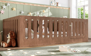 English Elm Queen Montessori Floor Bed Solid Wood Frame with Playhouse Door for Kids Rooms Deep Natural W5305S00069