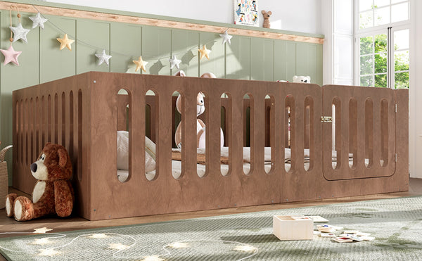 English Elm Queen Montessori Floor Bed Solid Wood Frame with Playhouse Door for Kids Rooms Deep Natural W5305S00069