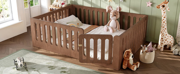 English Elm Queen Montessori Floor Bed Solid Wood Frame with Playhouse Door for Kids Rooms Deep Natural W5305S00069