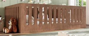 English Elm Queen Montessori Floor Bed Solid Wood Frame with Playhouse Door for Kids Rooms Deep Natural W5305S00069