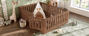 English Elm Queen Montessori Floor Bed Solid Wood Frame with Playhouse Door for Kids Rooms Deep Natural W5305S00069