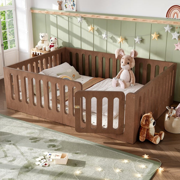 English Elm Queen Montessori Floor Bed Solid Wood Frame with Playhouse Door for Kids Rooms Deep Natural W5305S00069