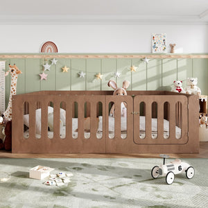English Elm Queen Montessori Floor Bed Solid Wood Frame with Playhouse Door for Kids Rooms Deep Natural W5305S00069