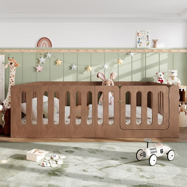 English Elm Queen Montessori Floor Bed Solid Wood Frame with Playhouse Door for Kids Rooms Deep Natural W5305S00069