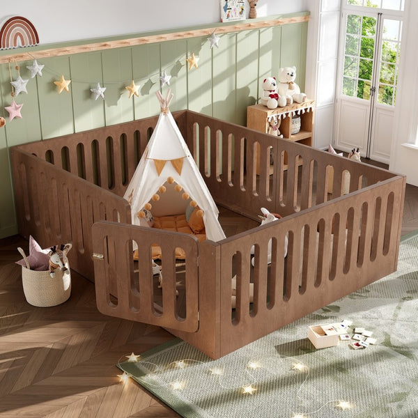 English Elm Queen Montessori Floor Bed Solid Wood Frame with Playhouse Door for Kids Rooms Deep Natural W5305S00069