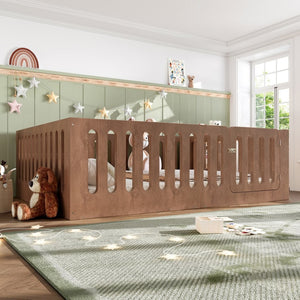 English Elm Queen Montessori Floor Bed Solid Wood Frame with Playhouse Door for Kids Rooms Deep Natural W5305S00069