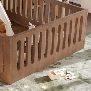 English Elm Queen Montessori Floor Bed Solid Wood Frame with Playhouse Door for Kids Rooms Deep Natural W5305S00069