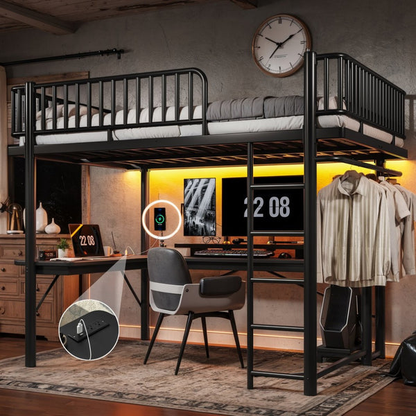 English Elm Queen Metal Loft Bed with Built-in Desk Shelves and Hanging Rod for Small Spaces Black W5305S00072