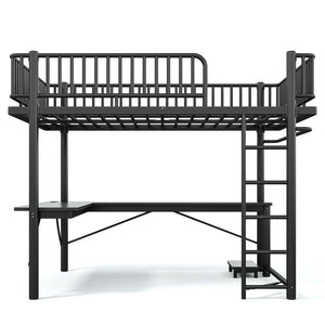 English Elm Queen Metal Loft Bed with Built-in Desk Shelves and Hanging Rod for Small Spaces Black W5305S00072