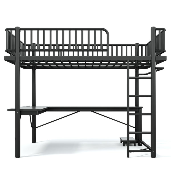 English Elm Queen Metal Loft Bed with Built-in Desk Shelves and Hanging Rod for Small Spaces Black W5305S00072