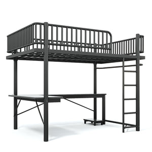 English Elm Queen Metal Loft Bed with Built-in Desk Shelves and Hanging Rod for Small Spaces Black W5305S00072