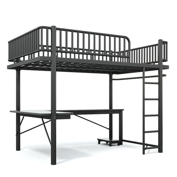 English Elm Queen Metal Loft Bed with Built-in Desk Shelves and Hanging Rod for Small Spaces Black W5305S00072