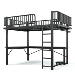 English Elm Queen Metal Loft Bed with Built-in Desk Shelves and Hanging Rod for Small Spaces Black W5305S00072