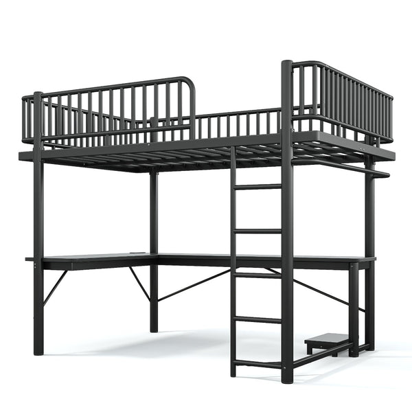 English Elm Queen Metal Loft Bed with Built-in Desk Shelves and Hanging Rod for Small Spaces Black W5305S00072