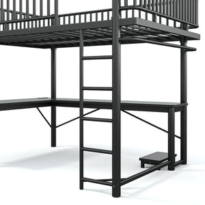 English Elm Queen Metal Loft Bed with Built-in Desk Shelves and Hanging Rod for Small Spaces Black W5305S00072