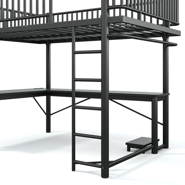 English Elm Queen Metal Loft Bed with Built-in Desk Shelves and Hanging Rod for Small Spaces Black W5305S00072