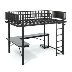 English Elm Queen Metal Loft Bed with Built-in Desk Shelves and Hanging Rod for Small Spaces Black W5305S00072