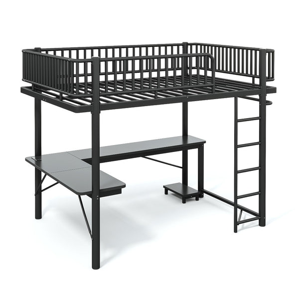 English Elm Queen Metal Loft Bed with Built-in Desk Shelves and Hanging Rod for Small Spaces Black W5305S00072