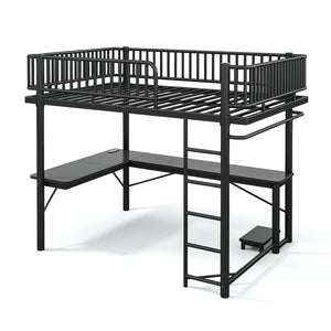 English Elm Queen Metal Loft Bed with Built-in Desk Shelves and Hanging Rod for Small Spaces Black W5305S00072