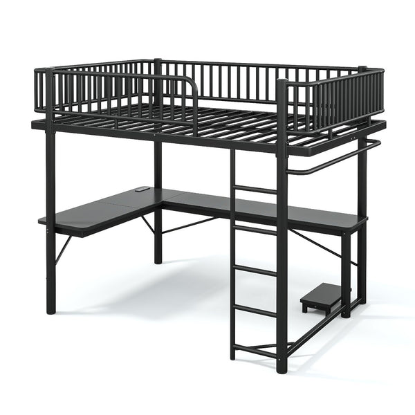English Elm Queen Metal Loft Bed with Built-in Desk Shelves and Hanging Rod for Small Spaces Black W5305S00072