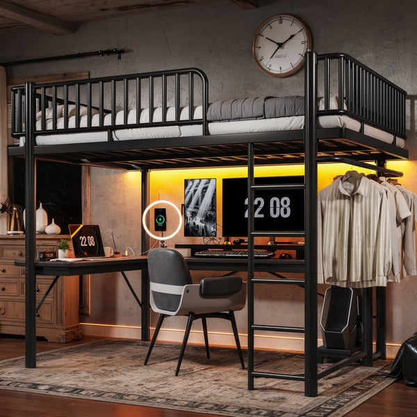 English Elm Queen Metal Loft Bed with Built-in Desk Shelves and Hanging Rod for Small Spaces Black W5305S00072