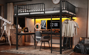 English Elm Queen Metal Loft Bed with Built-in Desk Shelves and Hanging Rod for Small Spaces Black W5305S00072