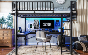 English Elm Queen Metal Loft Bed with Built-in Desk Shelves and Hanging Rod for Small Spaces Black W5305S00072