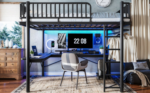 English Elm Queen Metal Loft Bed with Built-in Desk Shelves and Hanging Rod for Small Spaces Black W5305S00072