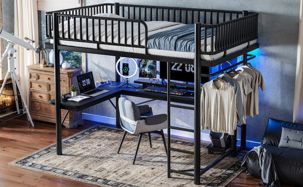 English Elm Queen Metal Loft Bed with Built-in Desk Shelves and Hanging Rod for Small Spaces Black W5305S00072