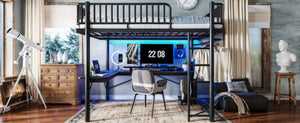 English Elm Queen Metal Loft Bed with Built-in Desk Shelves and Hanging Rod for Small Spaces Black W5305S00072