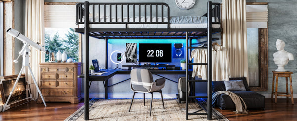 English Elm Queen Metal Loft Bed with Built-in Desk Shelves and Hanging Rod for Small Spaces Black W5305S00072