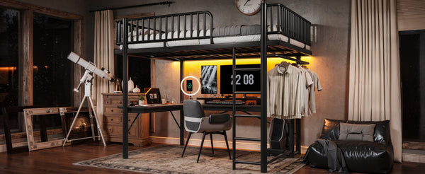 English Elm Queen Metal Loft Bed with Built-in Desk Shelves and Hanging Rod for Small Spaces Black W5305S00072