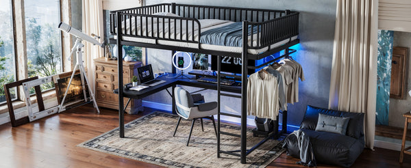 English Elm Queen Metal Loft Bed with Built-in Desk Shelves and Hanging Rod for Small Spaces Black W5305S00072