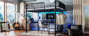 English Elm Queen Metal Loft Bed with Built-in Desk Shelves and Hanging Rod for Small Spaces Black W5305S00072