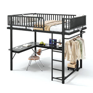 English Elm Queen Metal Loft Bed with Built-in Desk Shelves and Hanging Rod for Small Spaces Black W5305S00072