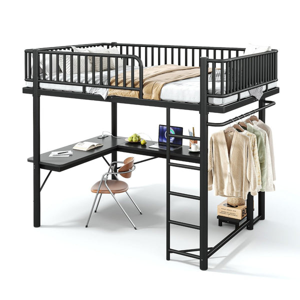 English Elm Queen Metal Loft Bed with Built-in Desk Shelves and Hanging Rod for Small Spaces Black W5305S00072
