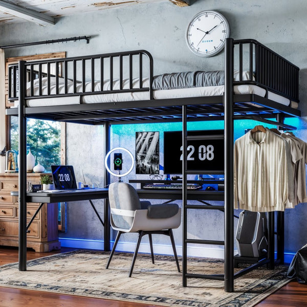 English Elm Queen Metal Loft Bed with Built-in Desk Shelves and Hanging Rod for Small Spaces Black W5305S00072