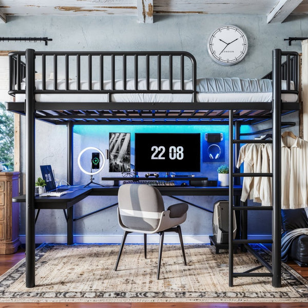 English Elm Queen Metal Loft Bed with Built-in Desk Shelves and Hanging Rod for Small Spaces Black W5305S00072